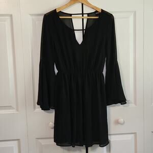 Vintage Audrey Women's Black Sheer Bell Sleeve V-neck Lined Dress Size SM